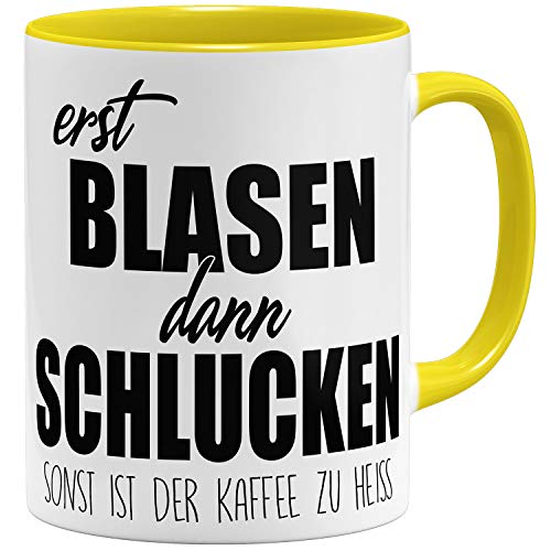 OM3® Erst Blasen dann Schlucken - Tasse mit Spruch - Statement - zweideutig | Keramik Becher | 11oz 325ml | Beidseitig Bedruckt | Gelb von OM3