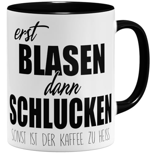 OM3® witzige Kaffee-Tasse mit Spruch - Erst Blasen dann Schlucken - zweideutig - Statement - Spruchtasse | Keramik Becher | 325ml | Beidseitig Bedruckt | Schwarz von OM3
