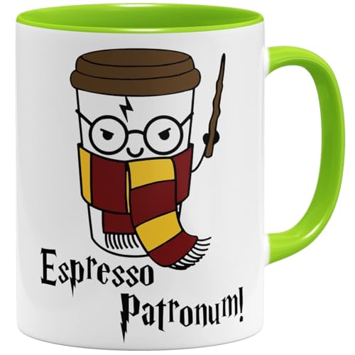 OM3® Espresso Patronum Kaffee-Tasse mit Zauberspruch | Keramik Becher | 11oz 325ml | Beidseitig Bedruckt | Hellgrün von OM3