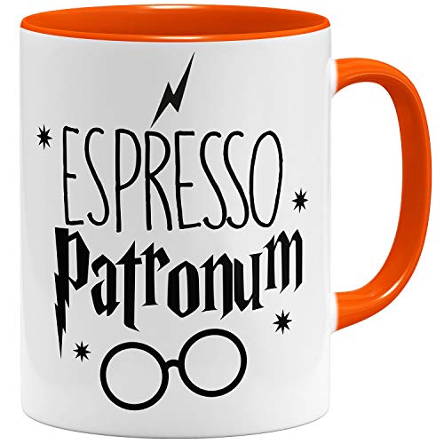 OM3® Espresso Patronum Tasse mit Zauberspruch Coffee | Keramik Becher | 11oz 325ml | Beidseitig Bedruckt | Orange von OM3