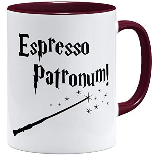 OM3® Espresso Patronum Statement Tasse mit Zauberspruch Zauberstab | Keramik Becher | 11oz 325ml | Beidseitig Bedruckt | Bordeaux von OM3