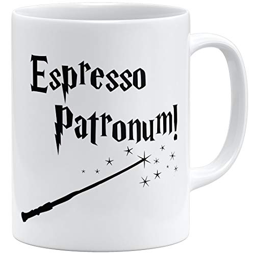 OM3® Espresso Patronum Statement Tasse mit Zauberspruch Zauberstab | Keramik Becher | 11oz 325ml | Beidseitig Bedruckt | Weiss von OM3