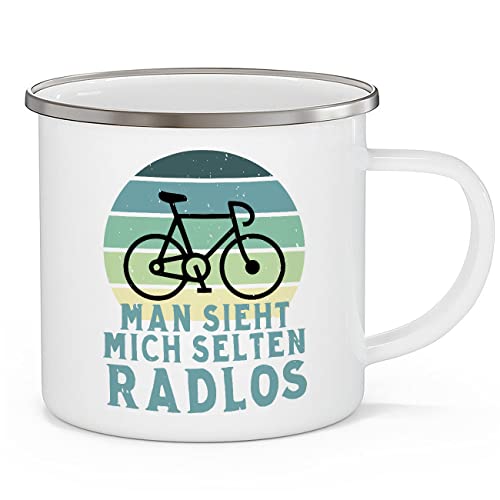 OM3® Fahrrad Emaille-Tasse mit Spruch - man sieht mich selten Radlos | Emailletasse Emaille Becher | 12oz 300ml | Beidseitig Bedruckt | Weiß-Metall von OM3