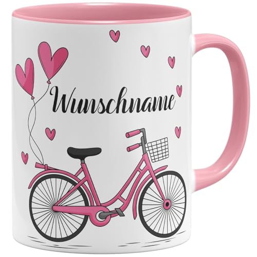 OM3® Fahrrad Tasse mit Namen - Geschenkidee personalisiertes Geschenk - Wunschname - personalisierbar | Keramik Becher | 11oz 325ml | Beidseitig Bedruckt | Rosa von OM3