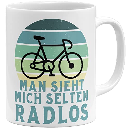 OM3® Fahrrad Tasse mit Spruch - Man Sieht Mich selten Radlos | Keramik Becher | 11oz 325ml | Beidseitig Bedruckt | Weiss von OM3