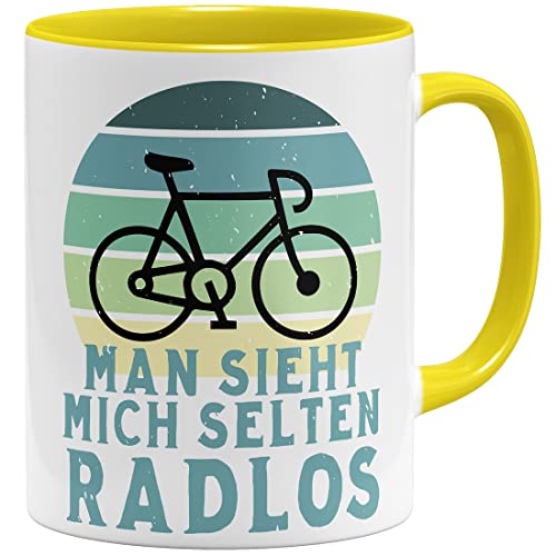 OM3® Fahrrad Tasse mit Spruch - Man Sieht Mich selten Radlos | Keramik Becher | 11oz 325ml | Beidseitig Bedruckt | Gelb von OM3