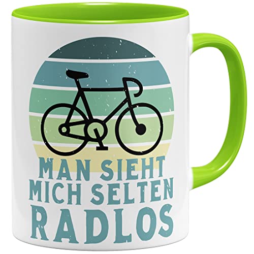 OM3® Fahrrad Tasse mit Spruch - man sieht mich selten Radlos | Keramik Becher | 11oz 325ml | Beidseitig Bedruckt | Hellgrün von OM3