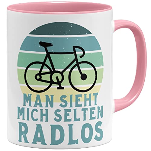 OM3® Fahrrad Tasse mit Spruch - man sieht mich selten Radlos | Keramik Becher | 11oz 325ml | Beidseitig Bedruckt | Rosa von OM3