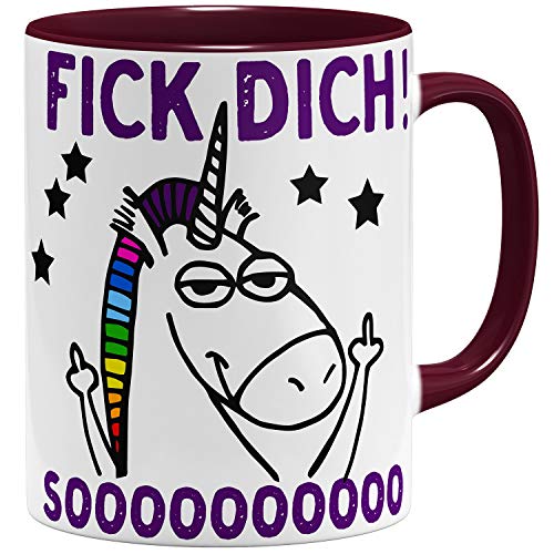 OM3® Fick Dich So Viel - Tasse Guten Morgen Einhorn | Keramik Becher | 11oz 325ml | Beidseitig Bedruckt | Bordeaux von OM3