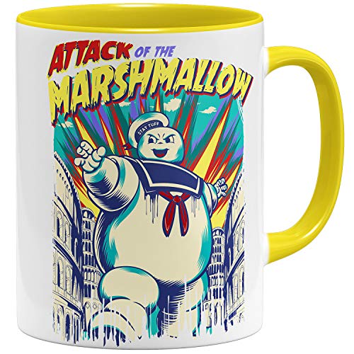 OM3® Ghost Marshmallow Attack Tasse | Keramik Becher | 11oz 325ml | Beidseitig Bedruckt | Gelb von OM3