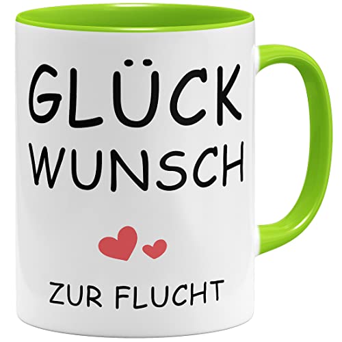 OM3® Glückwunsch zur Flucht - Abschied Tasse mit Spruch Abschiedsgeschenk für Kollegen | Keramik Becher | 11oz 325ml | Beidseitig Bedruckt | Hellgrün von OM3