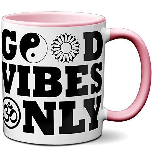 OM3® Good Vibes Only Tasse mit Spruch - Positiv Motivation | Keramik Becher | 11oz 325ml | Beidseitig Bedruckt | Rosa von OM3