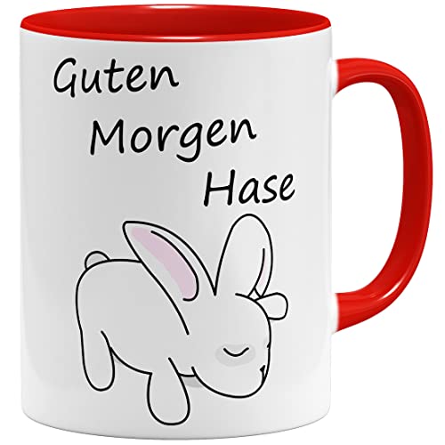 OM3® Guten Morgen Hase Tasse mit Spruch/Tiermotiv - Keramik Becher - 325ml - Beidseitig Bedruckt - Rot von OM3