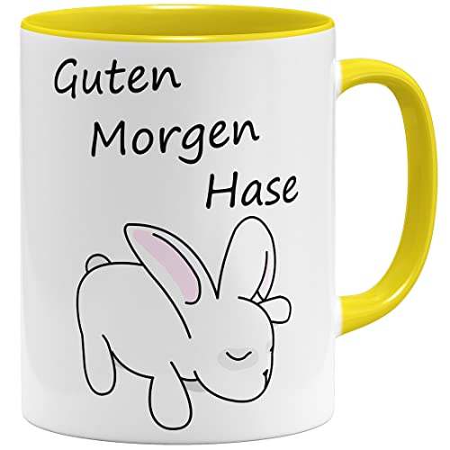 OM3® Guten Morgen Hase Tasse mit Spruch/Tiermotiv - Keramik Becher - 325ml - Beidseitig Bedruckt - Gelb von OM3