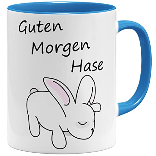 OM3® Guten Morgen Hase Tasse mit Spruch/Tiermotiv | Keramik Becher | 325ml | Beidseitig Bedruckt | Hellblau von OM3