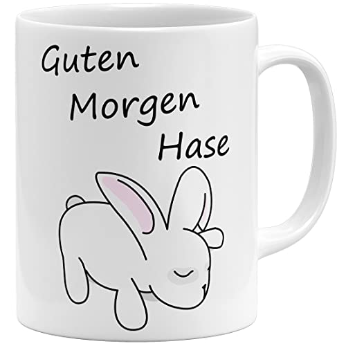 OM3® Guten Morgen Hase Tasse mit Spruch/Tiermotiv | Keramik Becher | 325ml | Beidseitig Bedruckt | Weiss von OM3