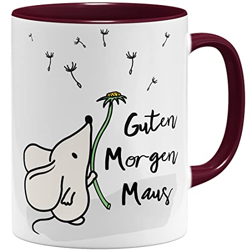 OM3® Guten Morgen Maus Tasse mit Spruch Statement | Keramik Becher | 325ml | Beidseitig Bedruckt | Bordeaux von OM3