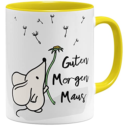 OM3® Guten Morgen Maus Tasse mit Spruch Statement | Keramik Becher | 325ml | Beidseitig Bedruckt | Gelb von OM3