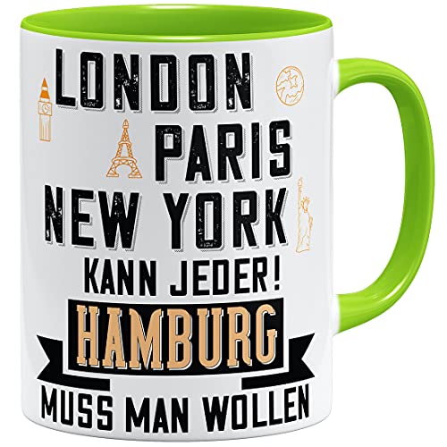 OM3® Hamburg Tasse mit Stadtnamen Städtetasse | Keramik Becher | 11oz 325ml | Beidseitig Bedruckt | Hellgrün von OM3