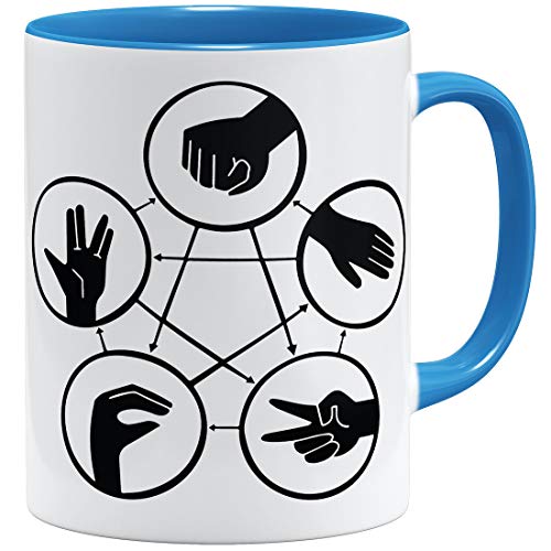 OM3® Hand Signs Big Bang Tasse | Keramik Becher | 11oz 325ml | Rock Paper Scissors Lizard Spock TBBT Nerd | Hellblau von OM3