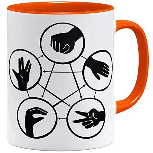 OM3® Hand Signs Big Bang Tasse | Keramik Becher | 11oz 325ml | Rock Paper Scissors Lizard Spock TBBT Nerd | Orange von OM3