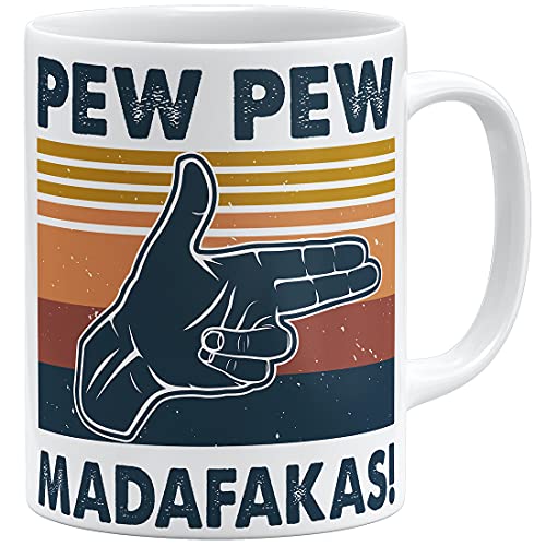 OM3® Handzeichen Pistole - Pew Pew Madafakas Tasse mit Spruch - Statement | Keramik Becher | 11oz 325ml | Beidseitig Bedruckt | Weiss von OM3