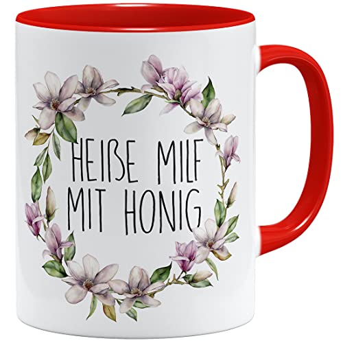OM3® witzige Kaffee-Tasse mit Spruch - Heiße Milf mit Honig - kitschig Blumen - Keramik Becher - 325ml - Beidseitig Bedruckt - Rot von OM3