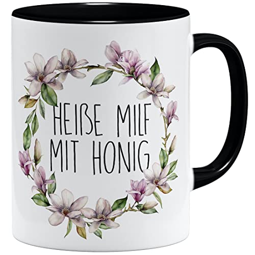 OM3® Heiße Milf mit Honig Tasse mit Spruch für Partner | Keramik Becher | 11oz 325ml | Beidseitig Bedruckt | Schwarz von OM3