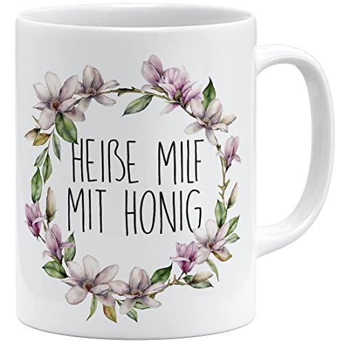 OM3® witzige Kaffee-Tasse mit Spruch - Heiße Milf mit Honig - kitschig Blumen - Keramik Becher - 325ml - Beidseitig Bedruckt - Weiss von OM3