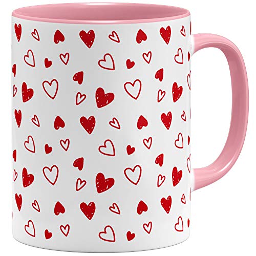 OM3® Herz-Muster Love Liebe Hearts Herzchen Tasse | Keramik Becher | 11oz 325ml | Beidseitig Bedruckt | Rosa von OM3
