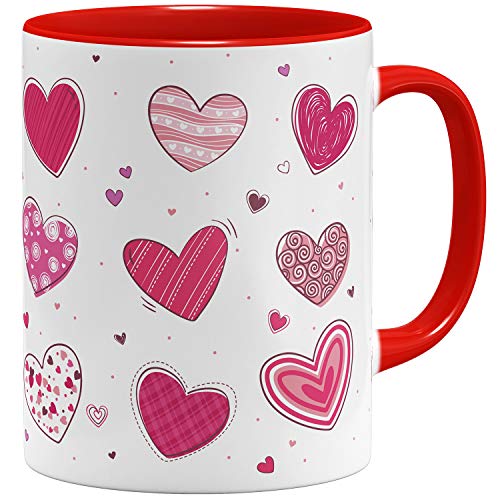 OM3® Herz Muster Love Liebe Herzchen Tasse für Partner | Keramik Becher | 11oz 325ml | Beidseitig Bedruckt | Rot von OM3