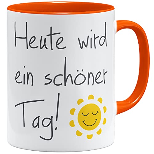 OM3® Kaffee-Tasse mit Spruch - heute wird ein schöner Tag - gute Laune Sonne Motivation - Keramik Becher - 325ml - Beidseitig Bedruckt - Orange von OM3