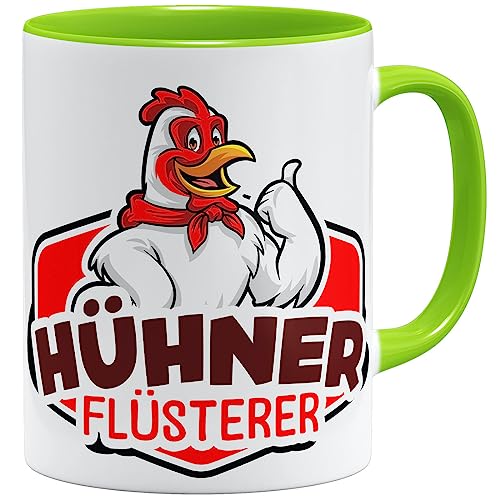 OM3® Hühnerflüsterer Tasse Farmer Hühner Flüsterer Huhn Hahn IV | Keramik Becher | 11oz 325ml | Beidseitig Bedruckt | Hellgrün von OM3