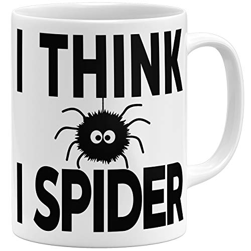 OM3® I Think I Spider - Tasse mit Spruch Denglisch - Ich glaub ich Spinne | Keramik Becher | 11oz 325ml | Beidseitig Bedruckt | Weiss von OM3