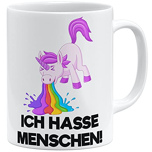 OM3® Ich hasse Menschen - kotzendes Einhorn Tasse mit Spruch - Statement | Keramik Becher | 11oz 325ml | Beidseitig Bedruckt | Weiss von OM3