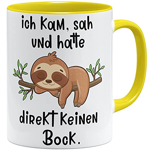 OM3® Ich kam, SAH und Hatte direkt keinen Bock - lustige Faultier Tasse mit Spruch | Keramik Becher | 11oz 325ml | Beidseitig Bedruckt | Gelb von OM3