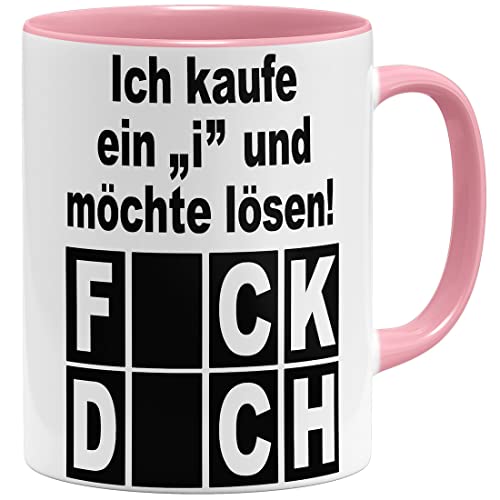 OM3® Ich kaufe EIN i und möchte lösen - Fick Dich Tasse mit lustigem Spruch | Keramik Becher | 325ml | Beidseitig Bedruckt | Rosa von OM3