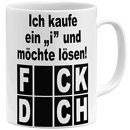 OM3® Ich kaufe EIN i und möchte lösen - Fick Dich Tasse mit lustigem Spruch | Keramik Becher | 325ml | Beidseitig Bedruckt | Weiss von OM3