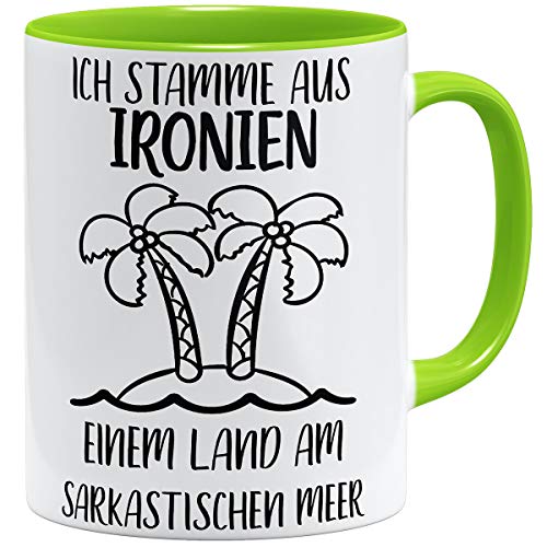OM3® Ich stamme aus Ironien einem Land am sarkastischen Meer Kaffee-Tasse - Keramik Becher - 11oz 325ml - Spruchtasse mit Palme & Insel - Hellgrün von OM3