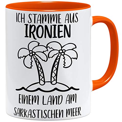 OM3® Ich stamme aus Ironien einem Land am sarkastischen Meer Tasse mit Spruch | Keramik Becher | 11oz 325ml | Fun Lustig Spruch | Orange von OM3