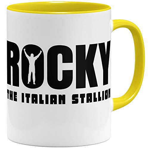 OM3® Italian Stallion - Rocky Balboa Tasse Kult | Keramik Becher | 11oz 325ml | Beidseitig Bedruckt | Gelb von OM3