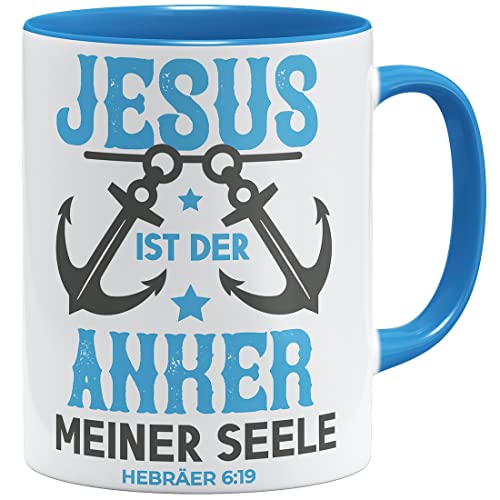 OM3® Jesus ist der Anker meiner Seele Tasse mit Spruch II Hebräer 6:19 | Keramik Becher | 11oz 325ml | Beidseitig Bedruckt | Hellblau von OM3