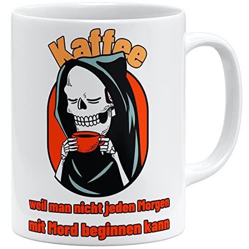 OM3® Kaffee, Weil Man Nicht jeden Morgen mit einem Mord beginnen kann Tasse mit Sensenmann | Keramik Becher | 11oz 325ml | Beidseitig Bedruckt | Weiss von OM3