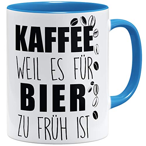 OM3® Kaffee weil es für Bier zu früh ist Statement Tasse mit Spruch für Biertrinker | Keramik Becher | 11oz 325ml | Beidseitig Bedruckt | Hellblau von OM3