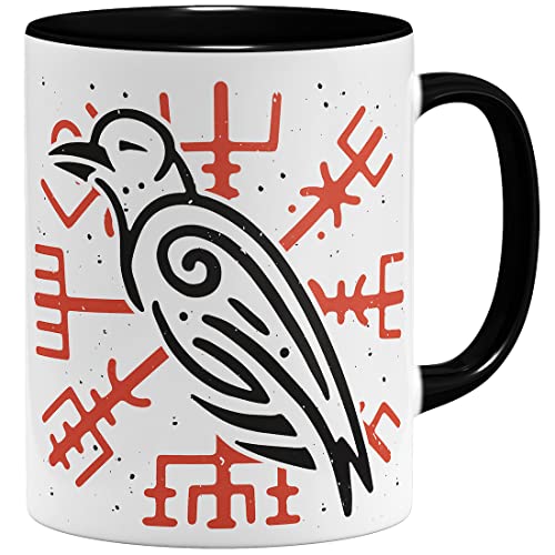 OM3® Krähe Wikinger Tasse Hugin Odin Midgard Vegvisir | Keramik Becher | 11oz 325ml | Beidseitig Bedruckt | Schwarz von OM3