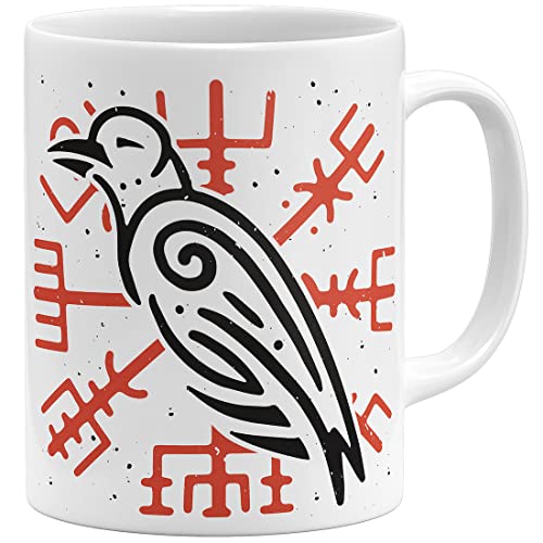 OM3® Krähe Wikinger Tasse Hugin Odin Midgard Vegvisir | Keramik Becher | 11oz 325ml | Beidseitig Bedruckt | Weiss von OM3