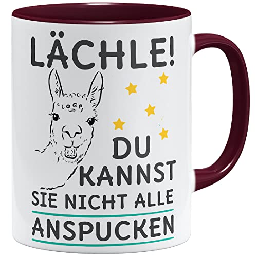 OM3® Lächle du Kannst sie Nicht alle anspucken Lama Tasse mit Spruch Motiv Alpaka | Keramik Becher | 11oz 325ml | Beidseitig Bedruckt | Bordeaux von OM3