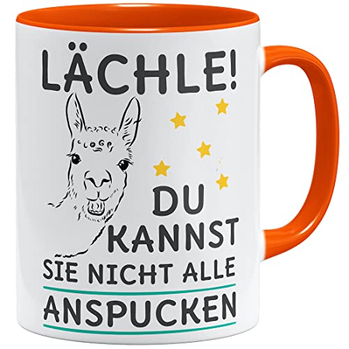 OM3® Lächle du Kannst sie Nicht alle anspucken Lama Tasse mit Spruch Motiv Alpaka | Keramik Becher | 11oz 325ml | Beidseitig Bedruckt | Orange von OM3