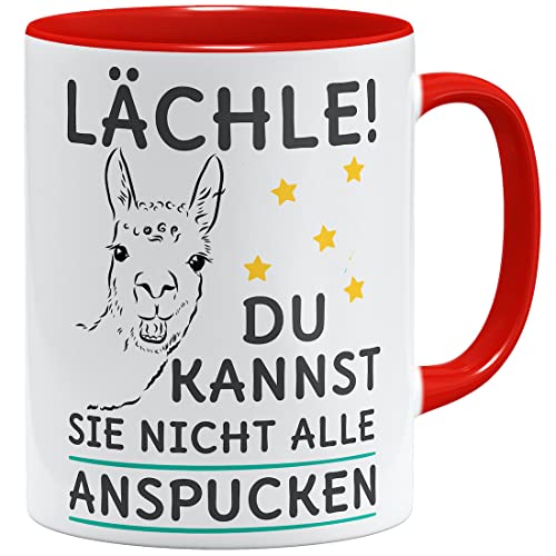 OM3® Lächle du kannst sie nicht alle anspucken Lama Kaffee-Tasse mit Spruch Motiv Alpaka | Keramik Becher | 11oz 325ml | Beidseitig Bedruckt | Rot von OM3