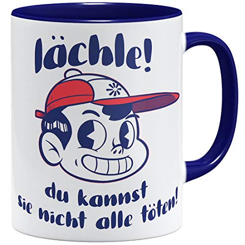 OM3® Lächle du kannst sie nicht alle töten Tasse mit Spruch | Keramik Becher | 11oz 325ml | Beidseitig Bedruckt | Dunkelblau von OM3